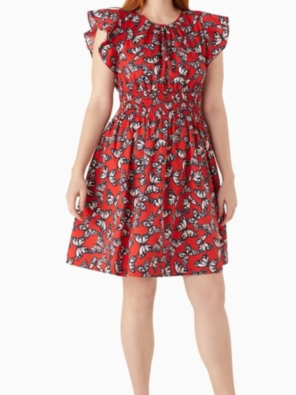 kate spade Red Butterfly Print Smocked Mini Dress